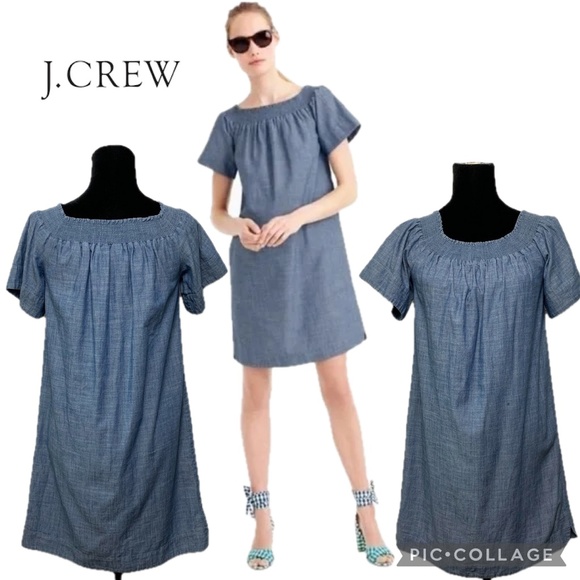 J. Crew Chambray Smocked Off-Shoulder Dress Blue Size 4 - Picture 1 of 13